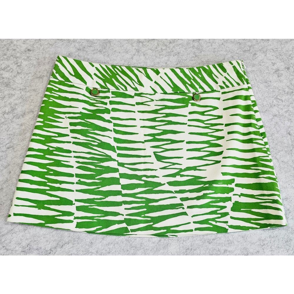 Trina Turk Mini Skirt, Zazzy Zebra Print, Green White, Lined, Zip, Pockets Sz 10